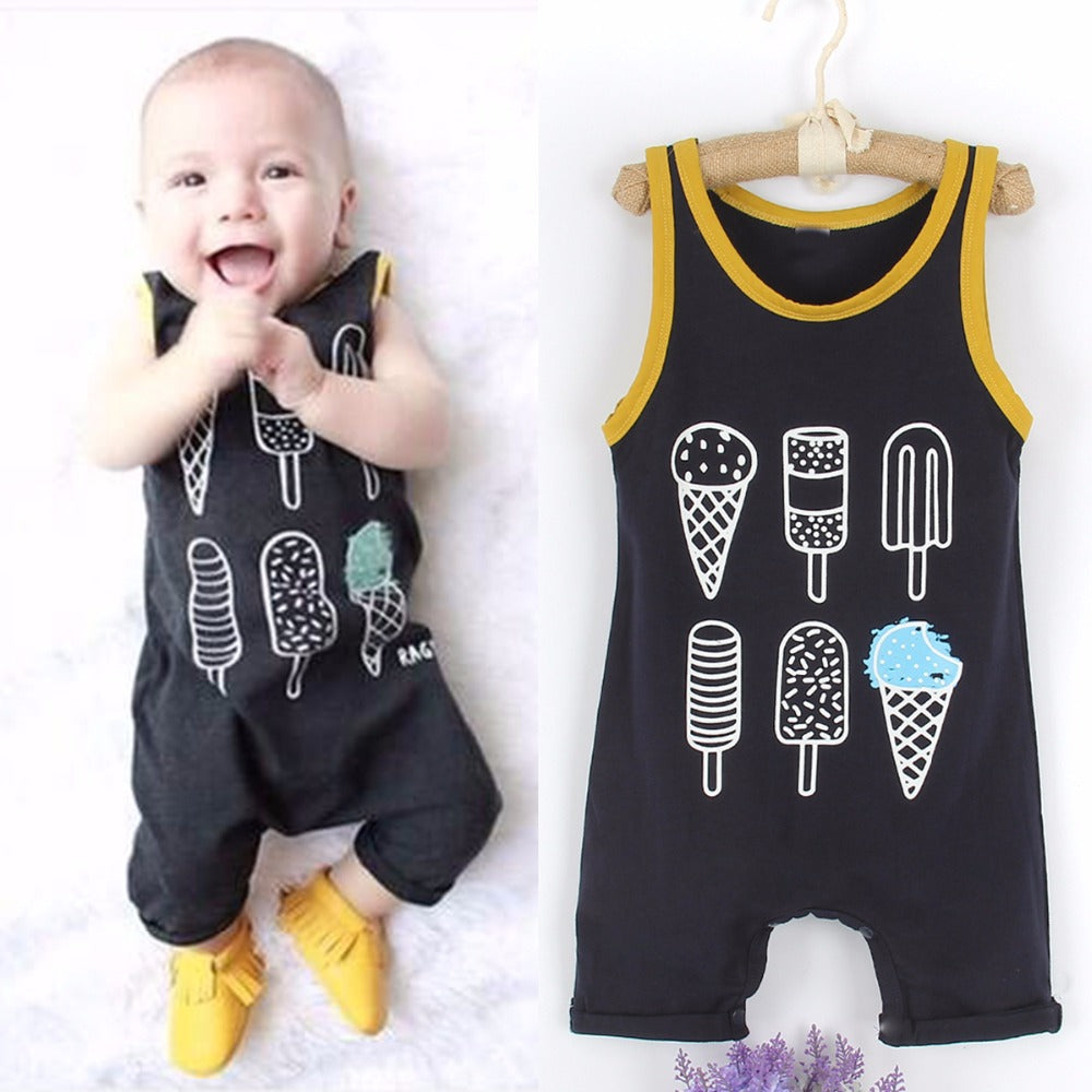 Ice Cream Pattern Printed Sleeveless Black Rompers