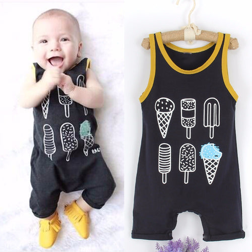 Ice Cream Pattern Printed Sleeveless Black Rompers