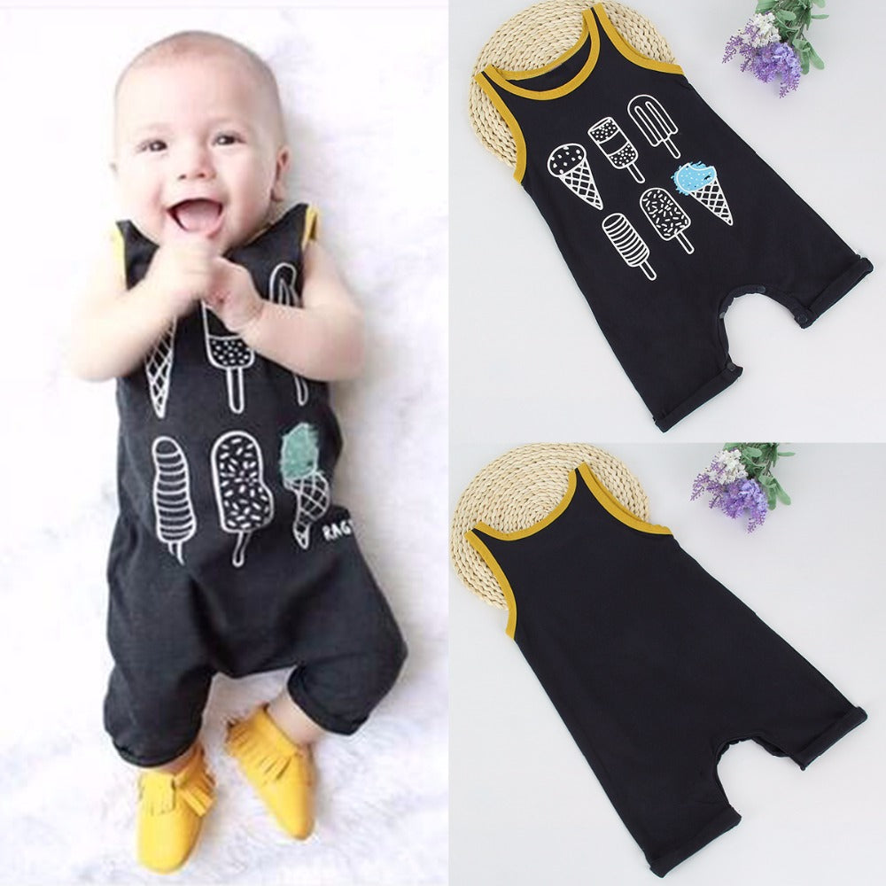 Ice Cream Pattern Printed Sleeveless Black Rompers