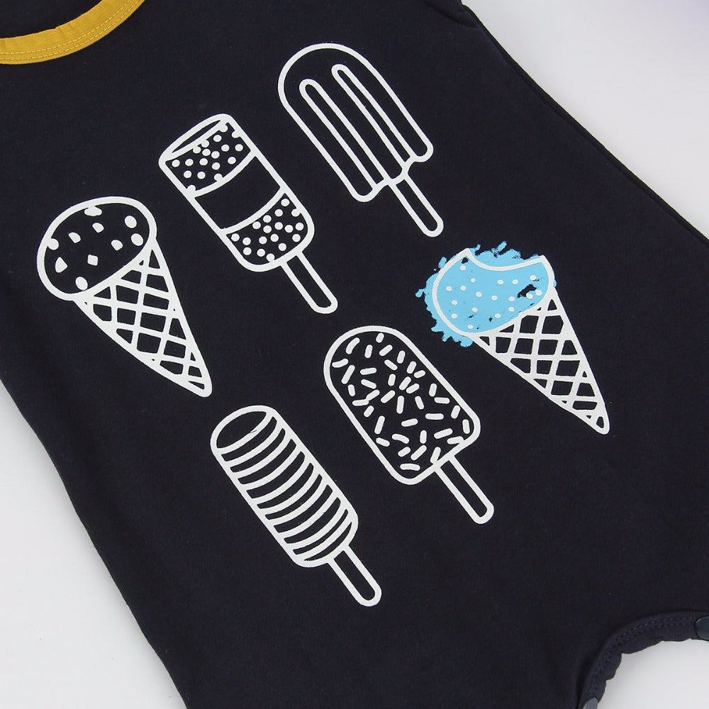 Ice Cream Pattern Printed Sleeveless Black Rompers