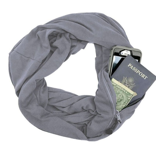 Secret Hidden Zipper Pocket Scarf